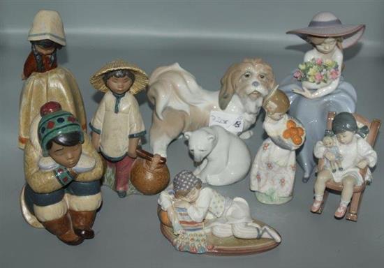 Group of Lladro figures and a dog